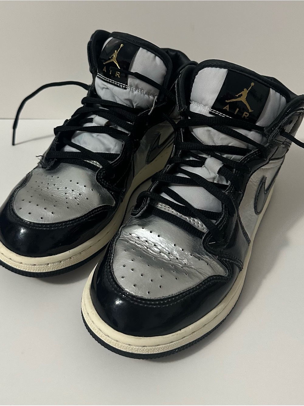 Jordan Kids Black and Silver High-Top Sneakers with Gold Jumpman